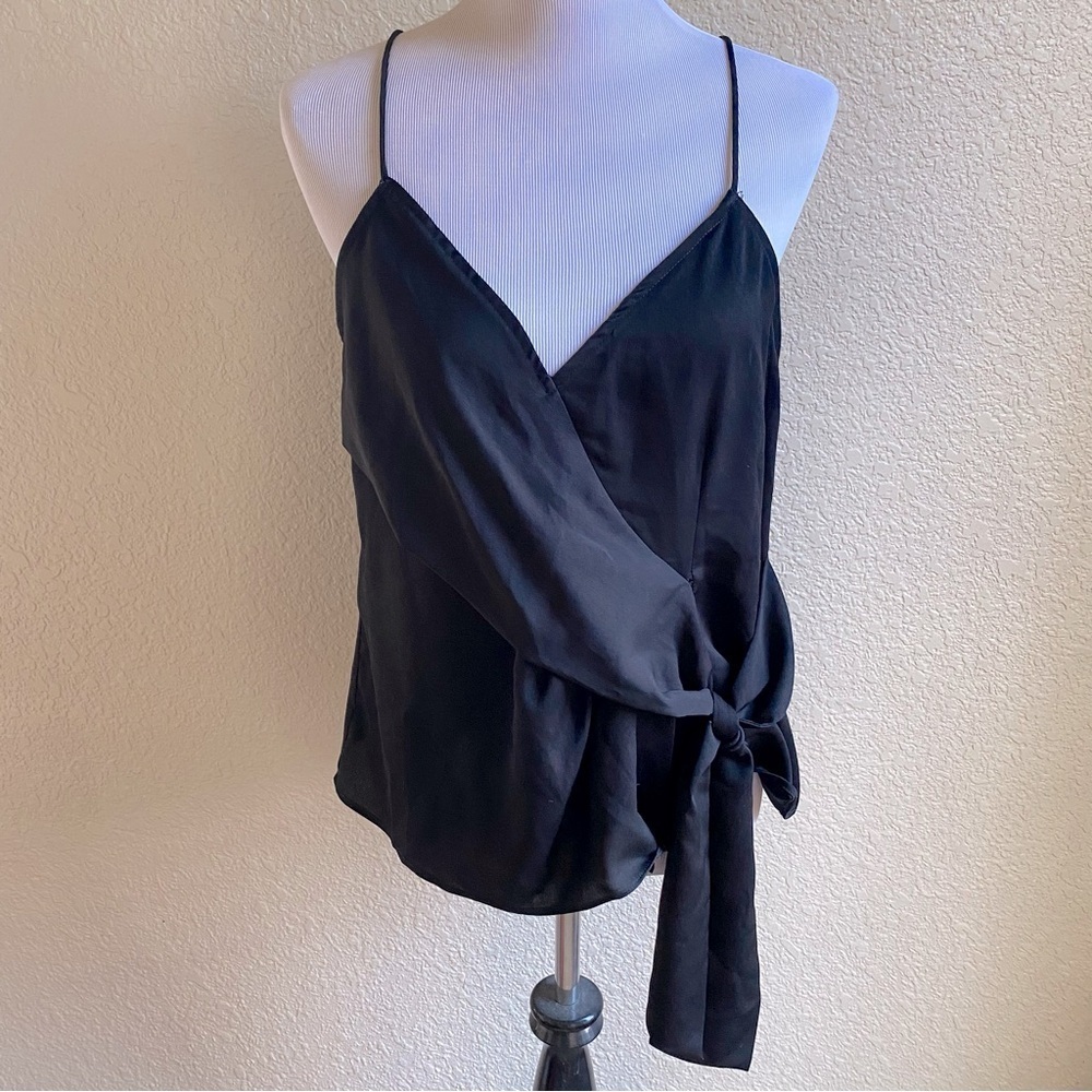 Grade & Gather Faux Wrap Slip Top Blouse Spaghetti Straps Solid Black Tie Front